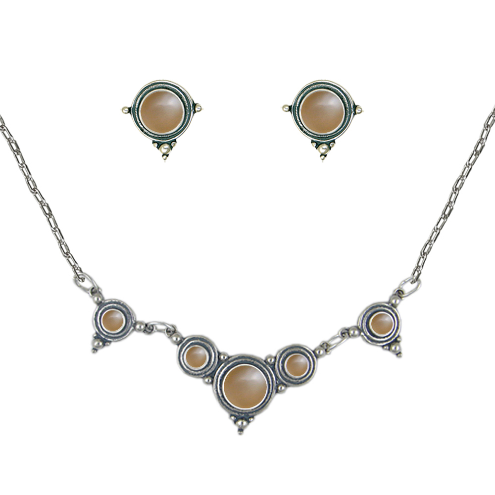 Sterling Silver Designer Necklace Earrings Set in Peach Moonstone